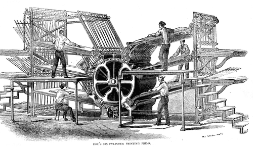 Pressmen at work on a six-cylinder newspaper press. Engraving, c. 1864.