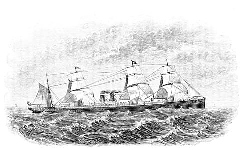 The White Star liner Germanic under steam and sail. Engraving, c. 1877.