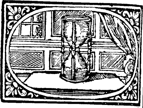 The hourglass on its table, the sand quietly running. Woodcut, c. 1790.