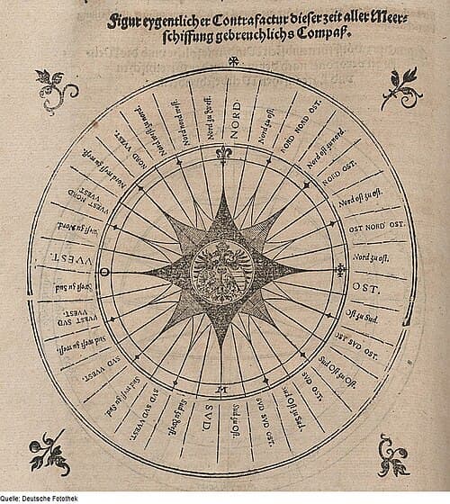The mariner's compass of the age, thirty-two winds about a blackened star. Woodcut, c. 1575.