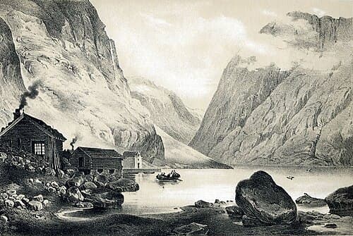 A boat puts out beneath the cliffs of the Nærøyfjord at Gudvangen. Lithograph, c. 1848.